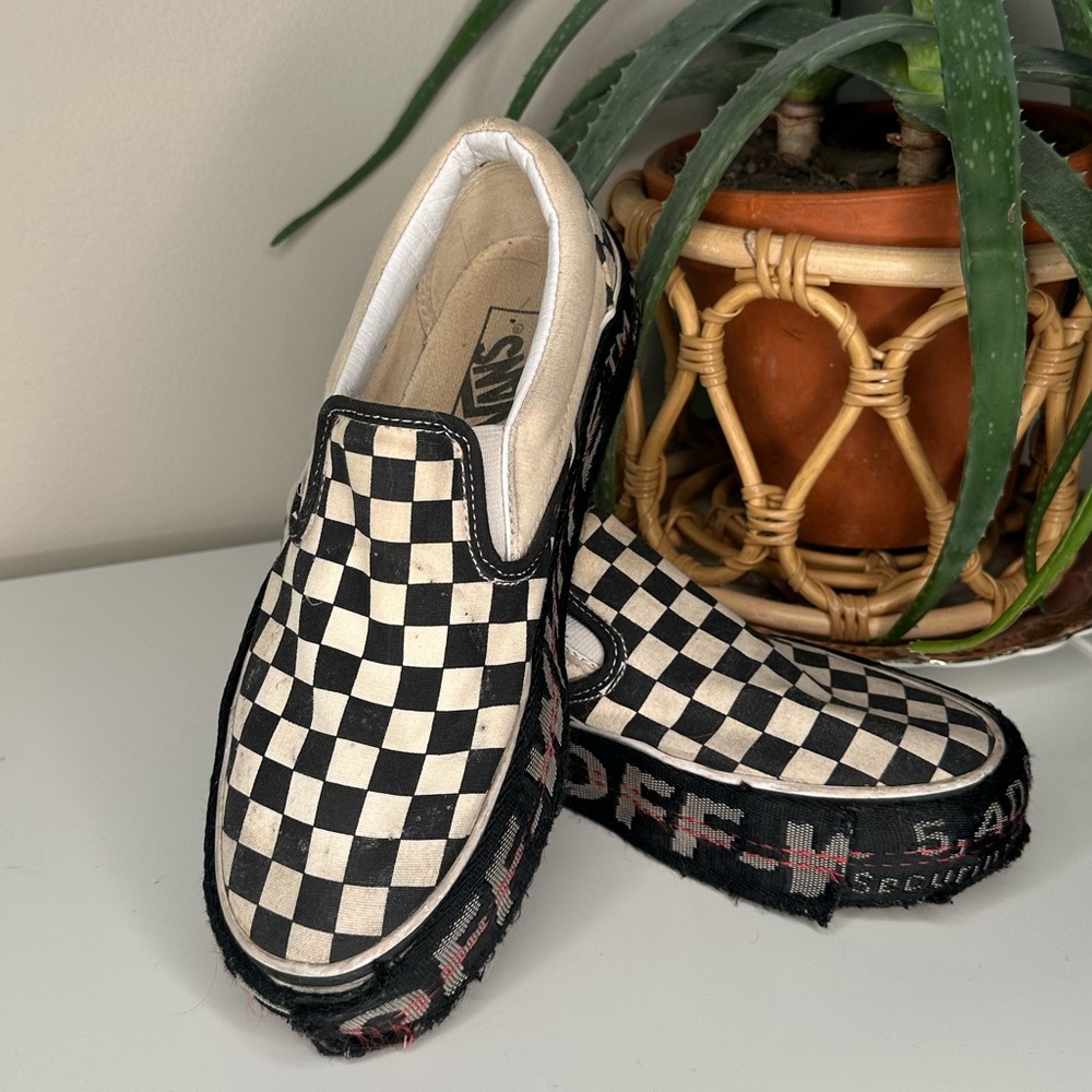 Custom Vans Checkerboard Slip-Ons w/ Off-White Style Platform Belt Wrap M6.5 W8